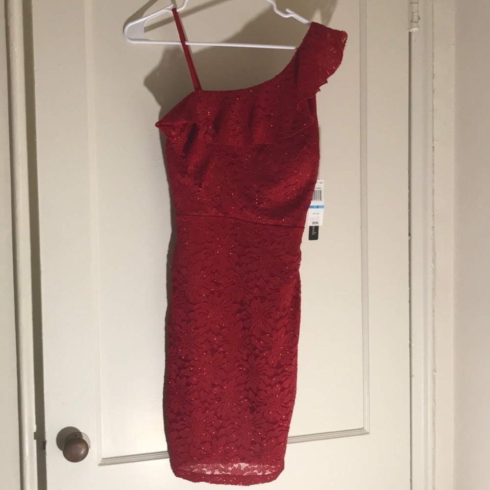 Sequin hearts one shoulder red dress